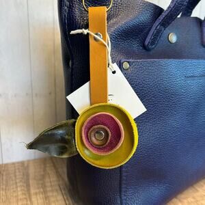 Genuine Leather Purse Charm Tan Pink Lime Green Flower Bag Keychain Accessory